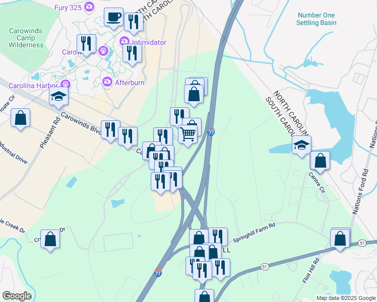 map of restaurants, bars, coffee shops, grocery stores, and more near 3630 Festival Drive in Fort Mill