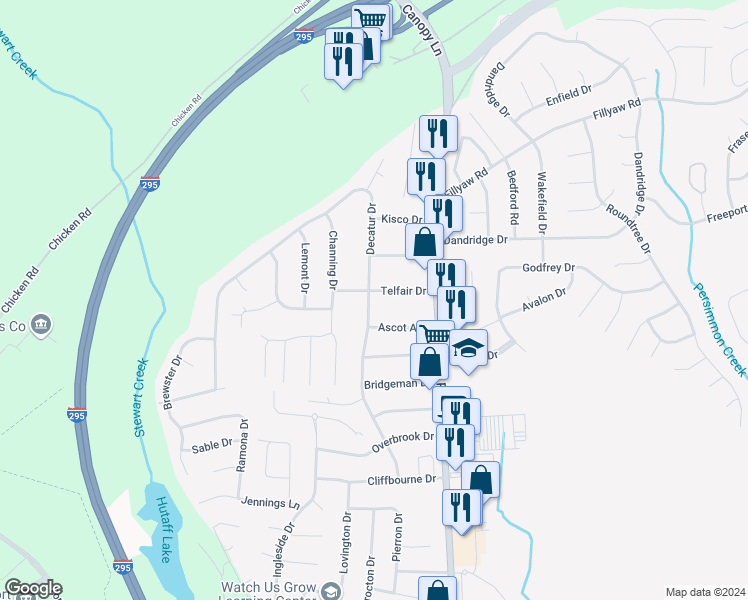 map of restaurants, bars, coffee shops, grocery stores, and more near 7525 Telfair Drive in Fayetteville