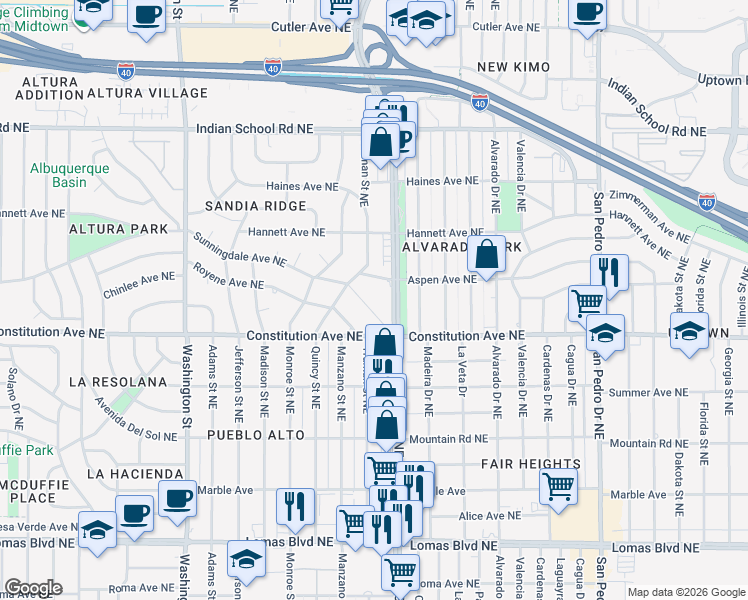 map of restaurants, bars, coffee shops, grocery stores, and more near 5135 Sunningdale Avenue Northeast in Albuquerque