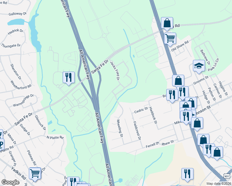 map of restaurants, bars, coffee shops, grocery stores, and more near 5042 Summer Ridge Road in Fayetteville
