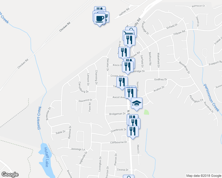map of restaurants, bars, coffee shops, grocery stores, and more near 7521 Telfair Drive in Fayetteville