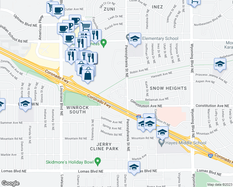map of restaurants, bars, coffee shops, grocery stores, and more near 1401 Pennsylvania Street Northeast in Albuquerque