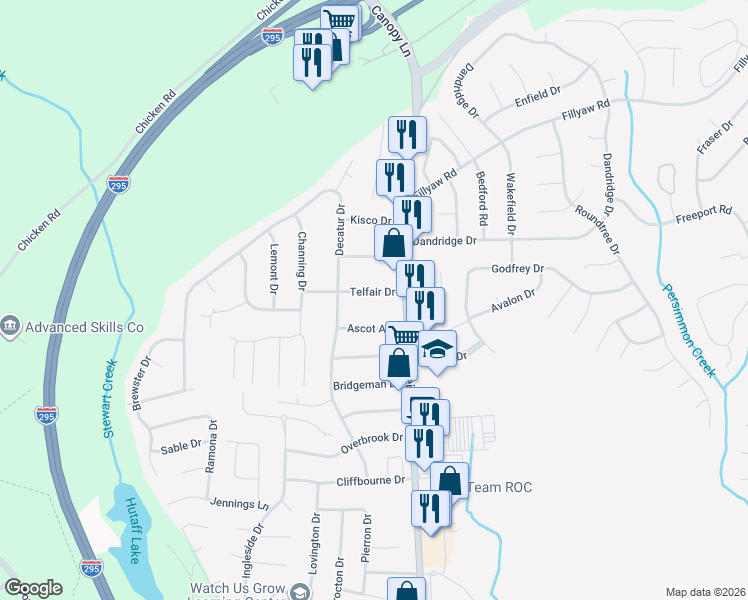 map of restaurants, bars, coffee shops, grocery stores, and more near 7510 Ascot Avenue in Fayetteville