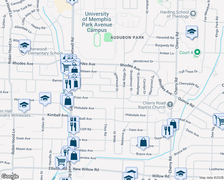 map of restaurants, bars, coffee shops, grocery stores, and more near 4127 Meadow Drive in Memphis