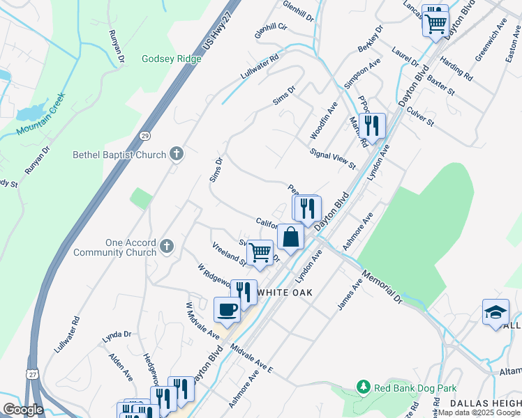 map of restaurants, bars, coffee shops, grocery stores, and more near 215 California Avenue in Chattanooga