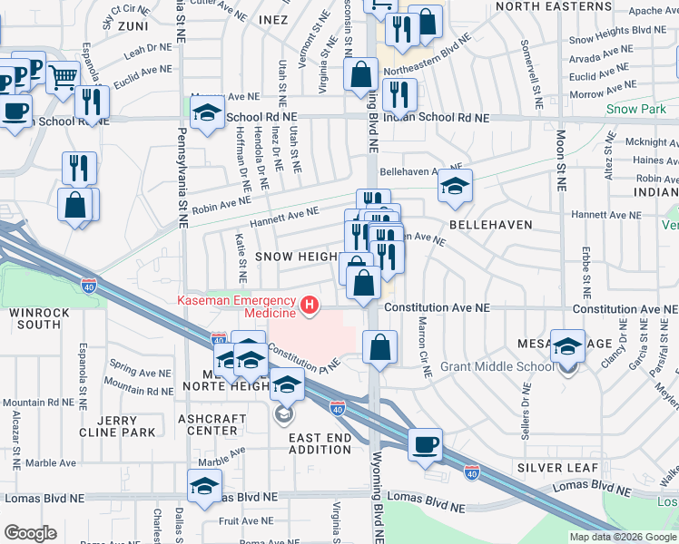 map of restaurants, bars, coffee shops, grocery stores, and more near 1400 Virginia Street Northeast in Albuquerque
