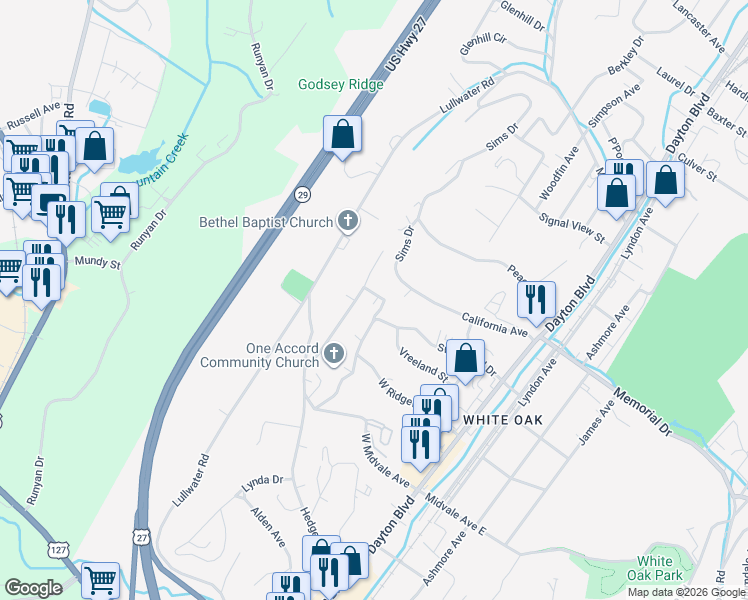 map of restaurants, bars, coffee shops, grocery stores, and more near 210 Hendricks Boulevard in Chattanooga