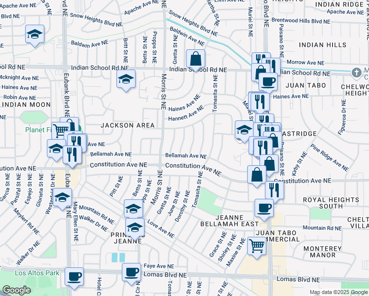 map of restaurants, bars, coffee shops, grocery stores, and more near 1401 Dorothy Street Northeast in Albuquerque