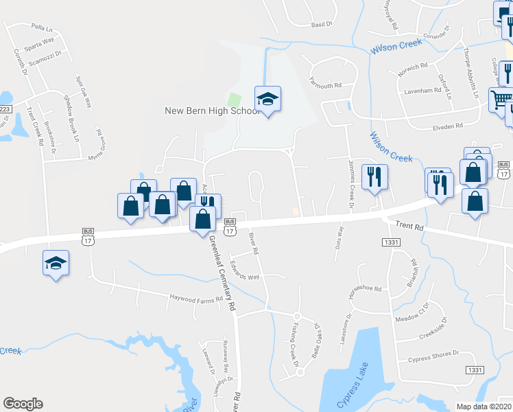 map of restaurants, bars, coffee shops, grocery stores, and more near 4306 Arbor Green Way in New Bern