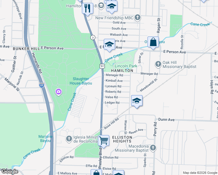 map of restaurants, bars, coffee shops, grocery stores, and more near 1392 Roberts Road in Memphis