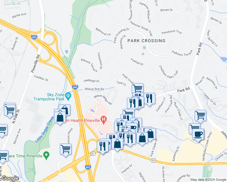 map of restaurants, bars, coffee shops, grocery stores, and more near 10305 Willow Bend Circle in Charlotte