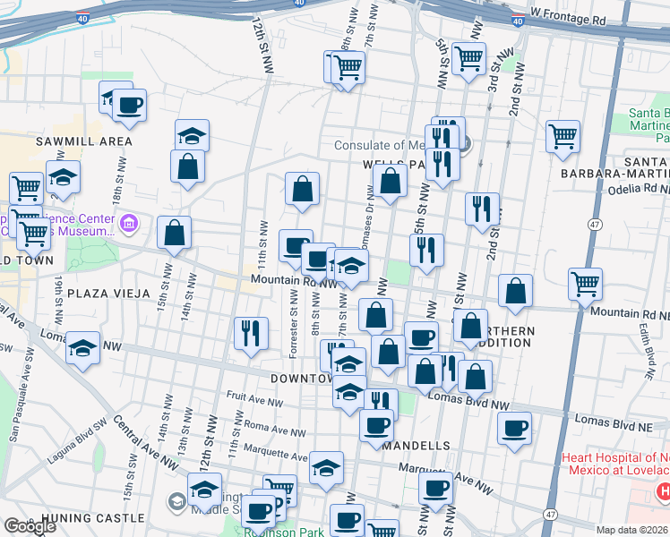 map of restaurants, bars, coffee shops, grocery stores, and more near 705 Mountain Road Northwest in Albuquerque