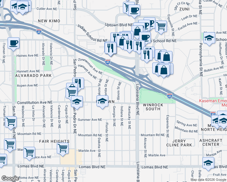 map of restaurants, bars, coffee shops, grocery stores, and more near 1816 Georgia Street Northeast in Albuquerque