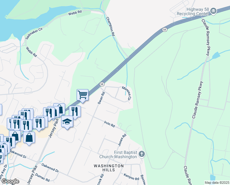 map of restaurants, bars, coffee shops, grocery stores, and more near 5017 Mimosa Trail in Chattanooga