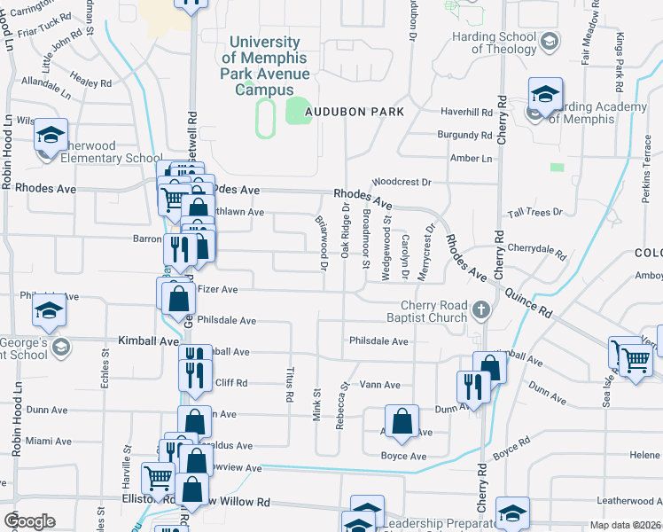 map of restaurants, bars, coffee shops, grocery stores, and more near 1331 Oak Ridge Drive in Memphis