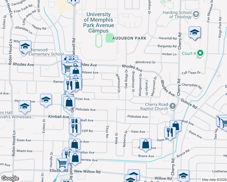 map of restaurants, bars, coffee shops, grocery stores, and more near 4127 Meadow Drive in Memphis