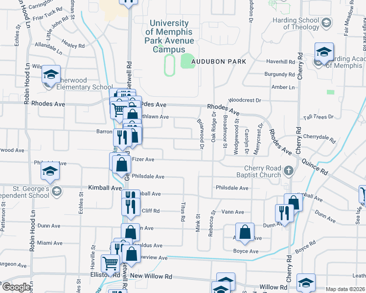 map of restaurants, bars, coffee shops, grocery stores, and more near 4083 Meadow Drive in Memphis