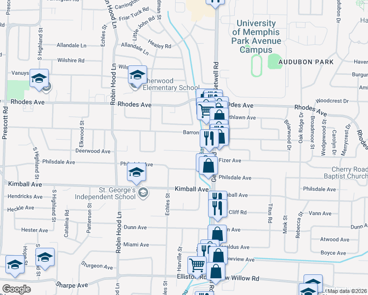 map of restaurants, bars, coffee shops, grocery stores, and more near 3859 Fizer Avenue in Memphis