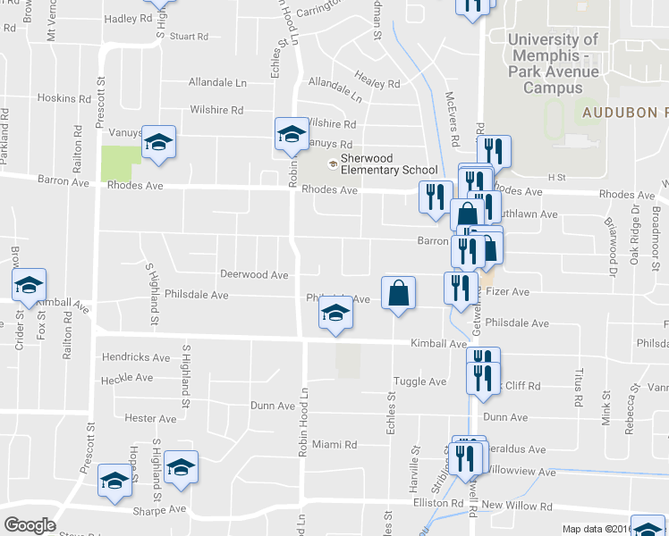 map of restaurants, bars, coffee shops, grocery stores, and more near 1313 West Barron Circle in Memphis