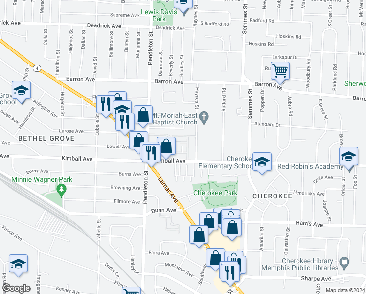 map of restaurants, bars, coffee shops, grocery stores, and more near 2860 Kimball Avenue in Memphis