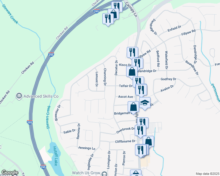 map of restaurants, bars, coffee shops, grocery stores, and more near 7539 Telfair Drive in Fayetteville