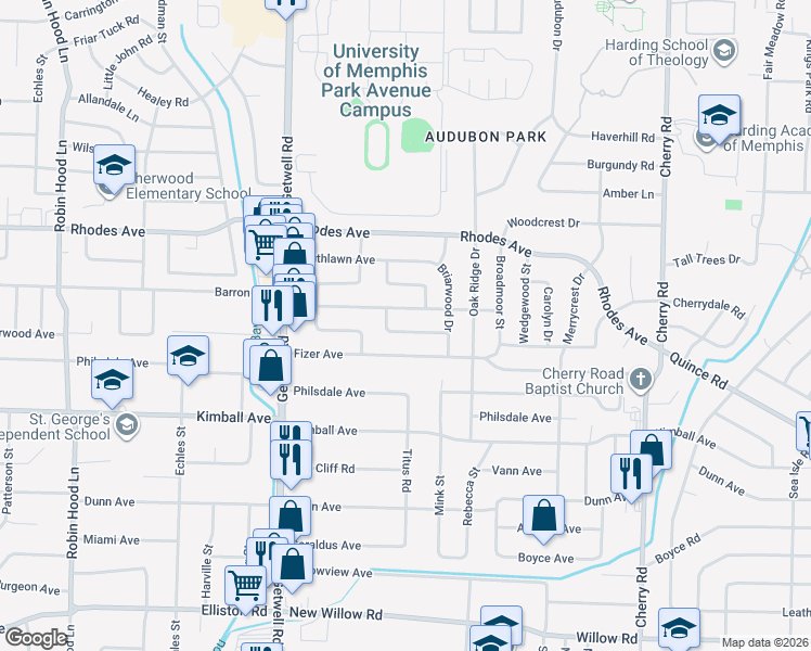 map of restaurants, bars, coffee shops, grocery stores, and more near 4083 Meadow Drive in Memphis
