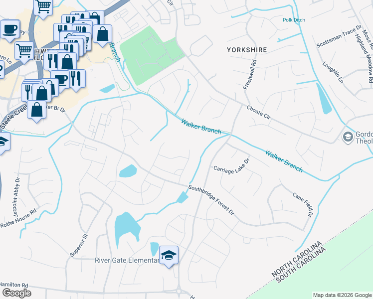 map of restaurants, bars, coffee shops, grocery stores, and more near 16109 Hammersmith Farm Drive in Charlotte