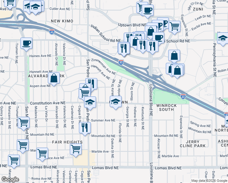 map of restaurants, bars, coffee shops, grocery stores, and more near in Albuquerque