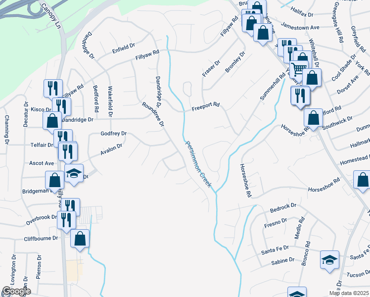map of restaurants, bars, coffee shops, grocery stores, and more near 434 Roundtree Drive in Fayetteville