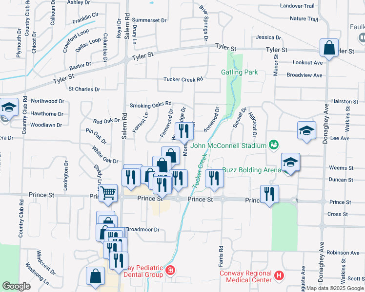 map of restaurants, bars, coffee shops, grocery stores, and more near 45 Timberlane Trail in Conway