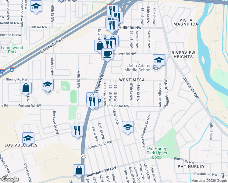 map of restaurants, bars, coffee shops, grocery stores, and more near 725 59th Street Northwest in Albuquerque