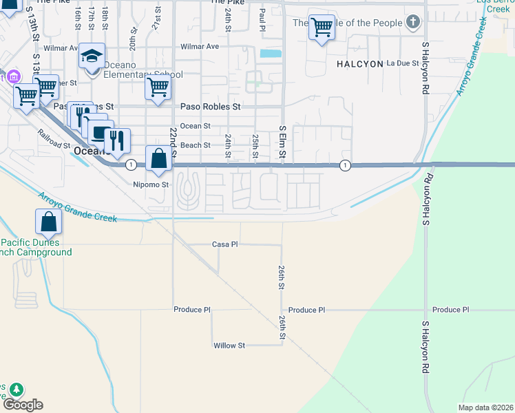map of restaurants, bars, coffee shops, grocery stores, and more near 2400 Cienaga Street in Oceano