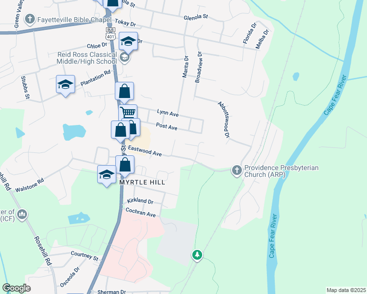 map of restaurants, bars, coffee shops, grocery stores, and more near 308 Nettletree Lane in Fayetteville