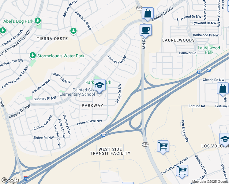 map of restaurants, bars, coffee shops, grocery stores, and more near 8019 Lyndsi Avenue Northwest in Albuquerque