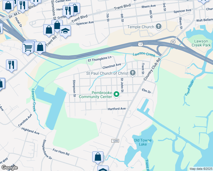 map of restaurants, bars, coffee shops, grocery stores, and more near New Bern Avenue in New Bern