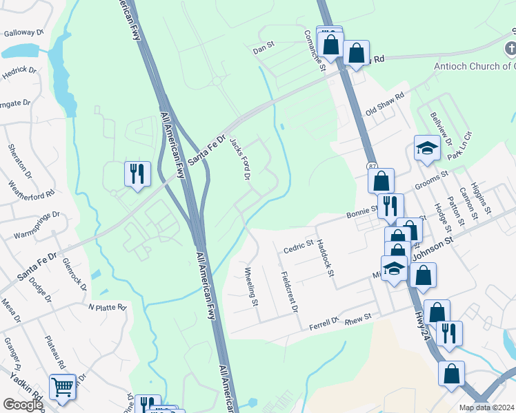 map of restaurants, bars, coffee shops, grocery stores, and more near 5042 Summer Ridge Road in Fayetteville