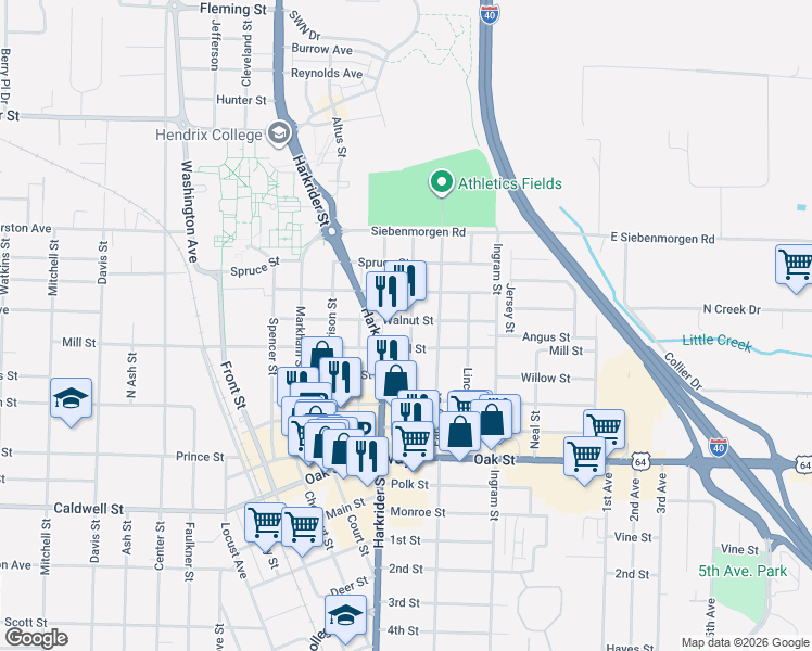 map of restaurants, bars, coffee shops, grocery stores, and more near 1207 Hamilton Street in Conway