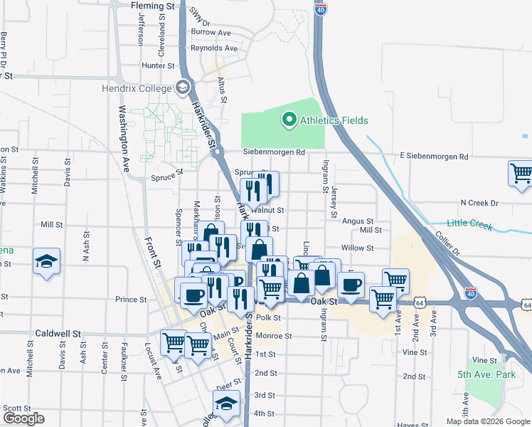 map of restaurants, bars, coffee shops, grocery stores, and more near 807 Walnut Street in Conway