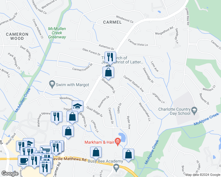 map of restaurants, bars, coffee shops, grocery stores, and more near 7309 Shadowlake Drive in Charlotte