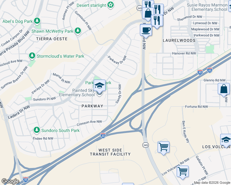 map of restaurants, bars, coffee shops, grocery stores, and more near 8015 Lyndsi Avenue Northwest in Albuquerque