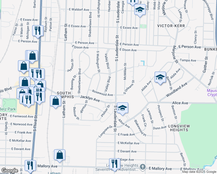 map of restaurants, bars, coffee shops, grocery stores, and more near 536 Rosewood Avenue in Memphis