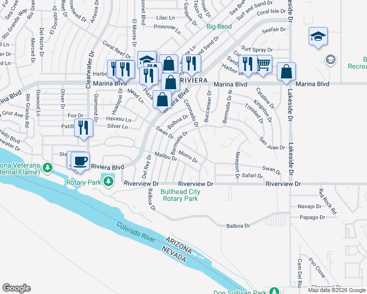 map of restaurants, bars, coffee shops, grocery stores, and more near 732 Morro Drive in Bullhead City