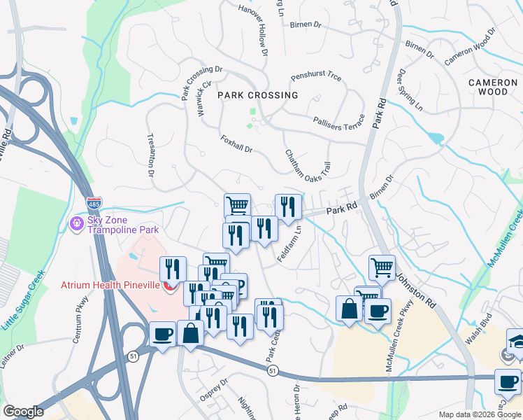 map of restaurants, bars, coffee shops, grocery stores, and more near in Pineville