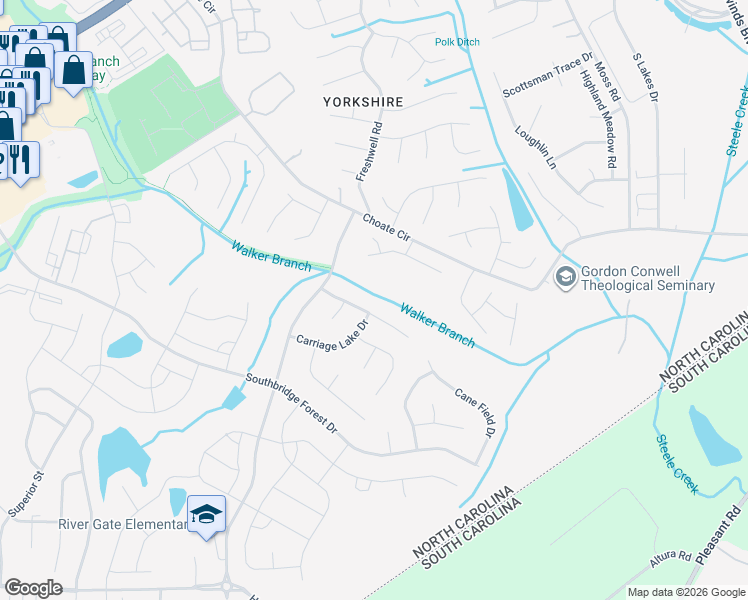 map of restaurants, bars, coffee shops, grocery stores, and more near 14133 Walkers Crossing Drive in Charlotte