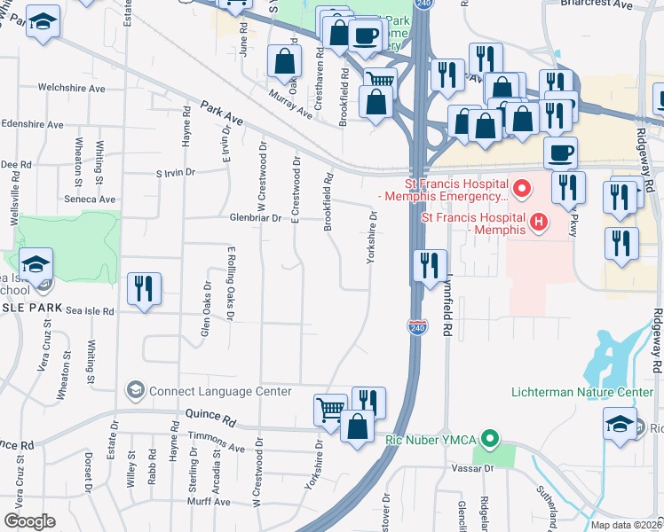 map of restaurants, bars, coffee shops, grocery stores, and more near 1322 Brookfield Road in Memphis