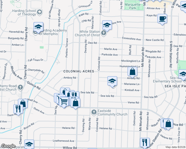 map of restaurants, bars, coffee shops, grocery stores, and more near 1331 Colonial Road in Memphis