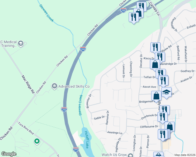 map of restaurants, bars, coffee shops, grocery stores, and more near 7614 Decatur Drive in Fayetteville