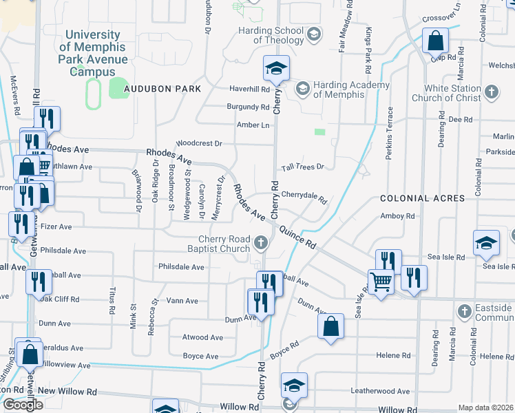 map of restaurants, bars, coffee shops, grocery stores, and more near 4335 Rhodes Avenue in Memphis