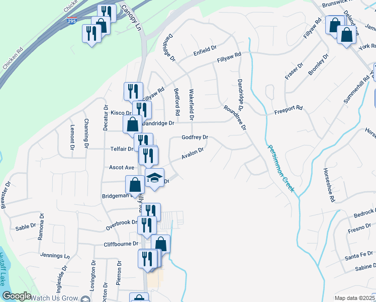 map of restaurants, bars, coffee shops, grocery stores, and more near 7314 Avalon Drive in Fayetteville