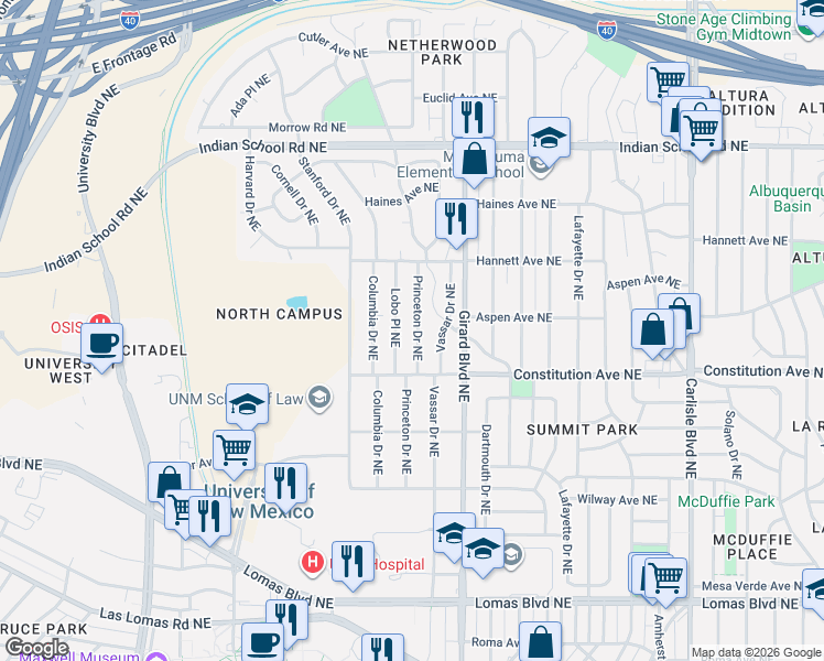 map of restaurants, bars, coffee shops, grocery stores, and more near 1220 Lobo Place Northeast in Albuquerque